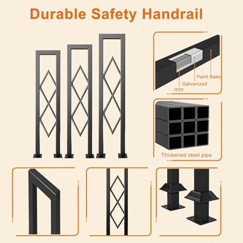 U-Shaped Stair Handrail, Black Wrought Iron Hand Rails Decorative Railing for Indoor Stairs, Porch Deck Loft Corridor Safety Non-Slip Support Poles, with Diamond Pattern (Black/2.8FT/85CM)