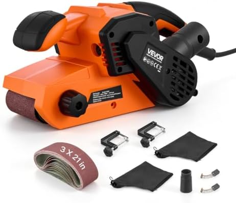 VEVOR 7A Belt Sander 3" x 21" Woodworking Belt Sander 6 Speeds 630-1200 FPM, 2-in-1 Handheld & Benchtop Sanding Machine with 2 Dust Bags, 10PCS Sanding Belts & 2 Clamps for Woodworking Projects