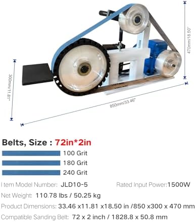Belt Grinder Sander with VFD，2x72-inch 1500W 2HP Variable Speed Control Belt Sander with 3 Sets Grinding Tools and 3 Zirconia corundum Sanding Belts for Metalworking, Knife Making