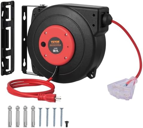 VEVOR Retractable Extension Cord Reel, 50 FT, Heavy Duty 14AWG/3C SJTOW Extension Power Cord with Lighted Triple Tap Outlet, 13A Circuit Breaker 180° Swivel Bracket for Ceiling or Wall Mount, Red