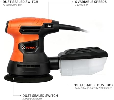 5-inch Orbital Sander, Random Orbit Sander With 6 Variable Speeds, 12pcs Sandpapers, Dust Collection For Woodworking And Sanding