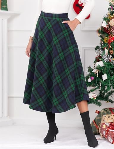 IDEALSANXUN Womens Plaid Wool Skirts Elastic Waist A-Line Pleated Tartan Long Skirts