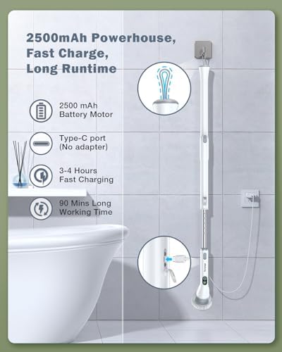 Electric Spin Scrubber, Cordless Shower Scrubber with LED Display & 6 Replacement Cleaning Head, Dual Speed Power Scrubber with Adjustable Extension Handle for Bathroom, Tub, Tile