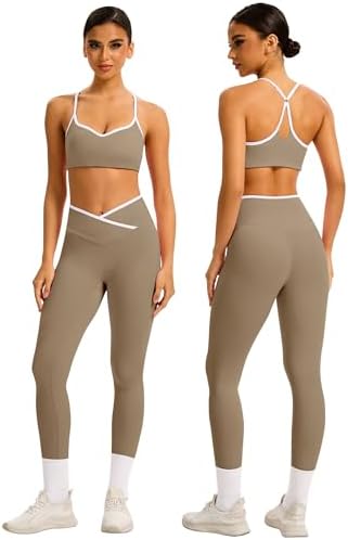ABOCIW Workout Sets for Women 2 Piece Color Block Strappy Sports Bra High Waist Shorts Gym Yoga Pilates Outfits
