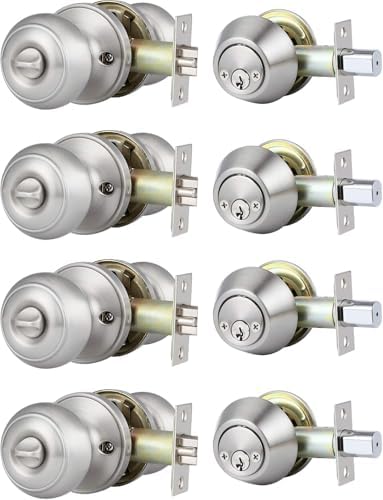 4 Pack Keyed Alike Entry Door Knob and Deadbolt Set, Satin Nickel Double Cylinder Deadbolt Lock Set, Round Style Door Knobs Deadbolt for Exterior/Front Door