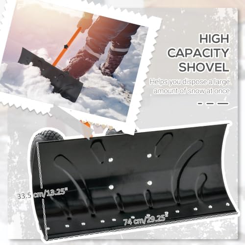 Outsunny Snow Shovel with Wheels Snow Pusher 29" Blade 10" Wheels Orange