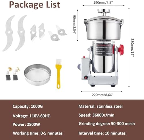 BI-DTOOL Electric Grain Mill Grinder 2800W Dry Material Grinding Machine 1000g Stainless Steel Pulverizer 36000r/min High-speed Grain Mill 270° swingable Superfine powder for Home and Commercial 1000g