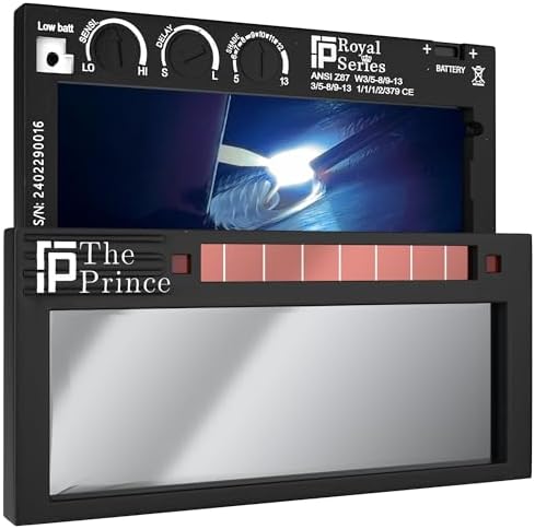 The Prince 1.0 | Shade 5-13 Adjustable Silver Auto Darkening Welding Lens | 2" x 4 1/4" x 0.33" | Adjusts From Shades 5-13 | Silver Front - Light Blue Weld View | Ridge Products Royal Series