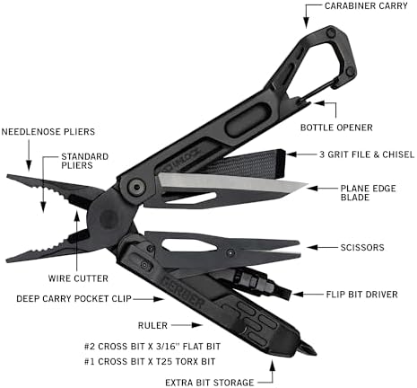 Gerber Gear Stakeout Drive - 10-in-1 Butterfly-Opening Multitool with Needlenose Pliers, Oversized Flip Bit Driver, Plain Edge Blade, Chisel, Bottle Opener, Pocket Clip & Carabiner Carry - Black