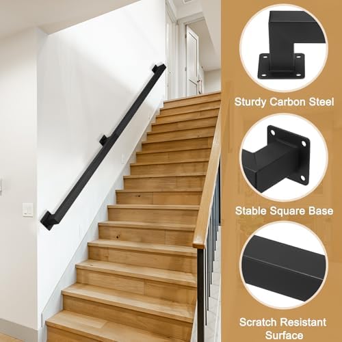DTGN Stair Railing Indoor 5FT - Square Tube Handrail Metal Staircase Wall Mounted Handrails for Home Indoor Stairs Loft - Non-Slip W/Screws & Expansion Tube & Hex Wrench - Black