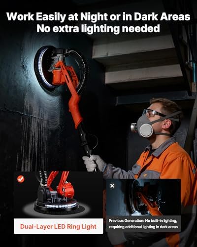 VEVOR Cordless Drywall Sander, 450W Electric Sander, Popcorn Ceiling Removal Tool with Vacuum Dust Collection, 7 Variable Speed 0-1600 RPM, LED Light, Foldable & Extendable Handle, 15 Sanding Discs