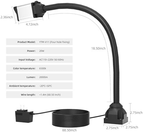 2026 LED Work Light, Flexible Gooseneck Lamp, 2000 Lumen Machine Light for Lathe CNc Milling Drill Press Sewing Machine IndustrialLighting,120V (BASE FIX)