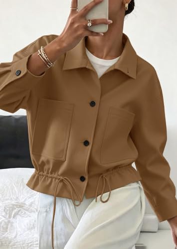 Womens Funnel Neck Jackets Fall Casual Ruffle Hem Cropped Coats
