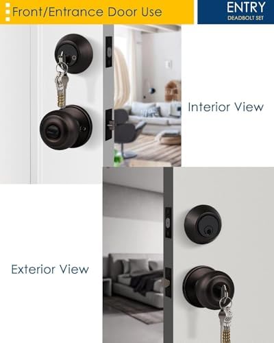 4 Pack Keyed Alike Door Knob with Double Cylinder Deadbolt Lock Set, Oil Rubbed Bronze Door Lock Sets Exterior, Round Style Door Knob Deadbolt Combination Set