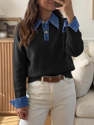 Saodimallsu Womens Denim Patchwork Sweaters V Neck Polo Pullover Tops