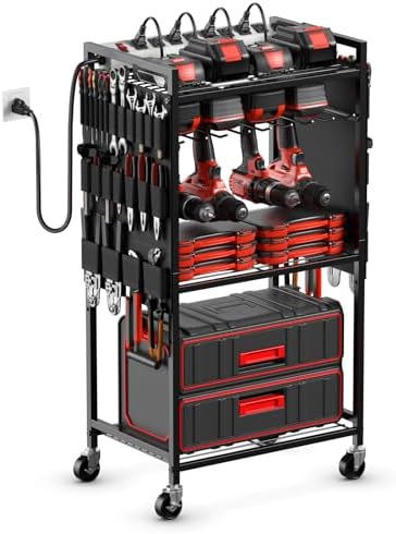 JUNNUJ Power Tool Organizer Cart with Charging Station, 10 FT Cord, Black