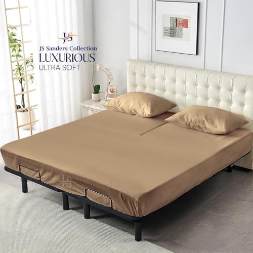 JS Sanders Collection 600TC Flex Top Queen Sheets for Sleep Number Bed - 100% Cotton 4 Pcs Top Split Queen Sheets for Adjustable Bed Queen 32 Inch Down Taupe -18 Inch Deep