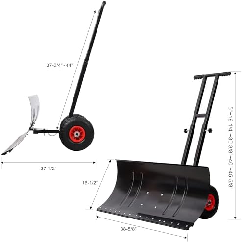 【Local delivery 】 29in Galvanized Blade Heavy-Duty 2-Wheel Snow Pusher Hand Plow for Snow Removal w/Wheels, Adjustable Handle, Blade Angle (Black)