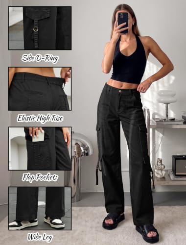 Eddoyee Cargo Pants for Women Elastic High Waisted Wide Leg Hiking Pants
