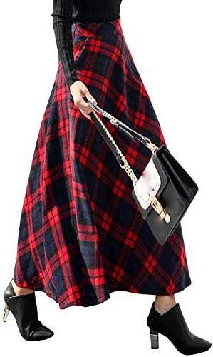 IDEALSANXUN Womens Plaid Wool Skirts Elastic Waist A-Line Pleated Tartan Long Skirts