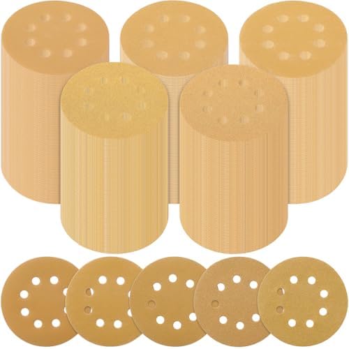 500 Pcs 5 Inch 8 Hole Sanding Discs, 60/80/120/220/320, Yellow