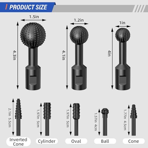 BURMONG 8Pcs Ball Gouge Rotary Burr & Rasp Set for Wood– 3-PC 5/8-11 Sphere & 5-PC 1/4" Hex Shank for Angle Grinders & Drills (Ball Gouge + Rotary Rasp File Set（8Pcs))