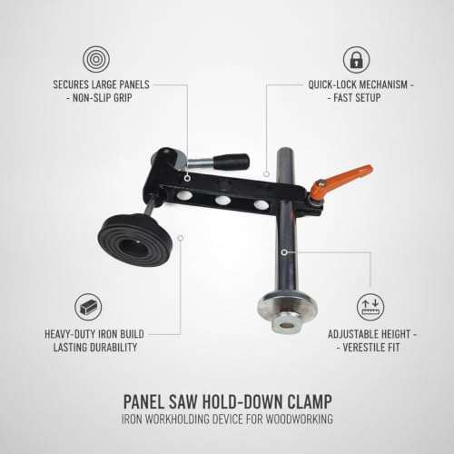 Iron Panel Saw Hold-Down Clamp for Woodworking, Horizontal Workholding Device Secures Large Sheets for Straight Cuts, Black Finish