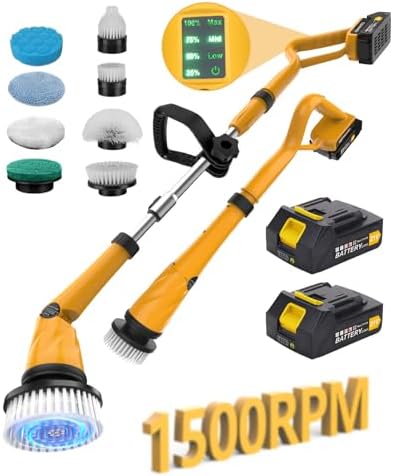 Qimedo 1500 RPM Electric Spin Scrubber with Two Batteries Q2 Pro, Cordless Battery Powered Shower Scrubber,Electric Tile Floor Scrubber with Display for Grout/Tile/Tub (Effortless Handle/8 Brushes)