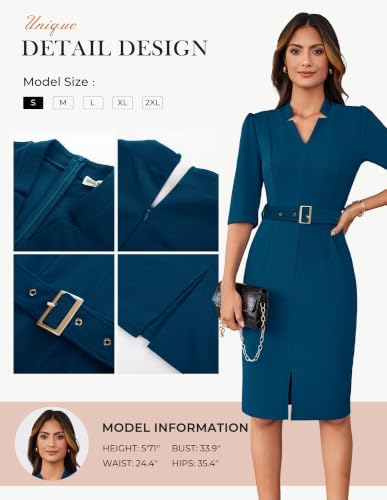 GRACE KARIN Women's Work Dress 3/4 Sleeve V Neck Bodycon Dress with Belt