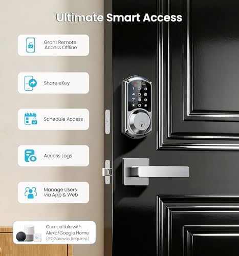 Veise VE06-L Smart Deadbolt Lock with 2 Lever Handle Set, Satin Nickel | App & Fob Control, Electronic Digital Touchscreen Keypad, Remote Access Sharing, Keyless Entry for Front Door, Auto Lock