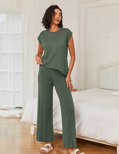 Ekouaer Lounge Sets for Women Two Piece Outfits Knit Cap Sleeve Tops Wide Leg Pleated Pants Casual Dressy Sweater Sets