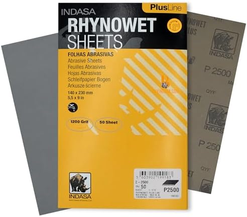 Indasa 50 PCS 5.5x9” Wet & Dry Rhynowet Sandpaper 1200 GRIT Half Sheets – Silicon Carbide Abrasive for Auto, Wood, Metal, Paint & Coat Finishing – Abrasive Sandpaper, Plusline