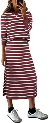 ANRABESS Women 2 Piece Striped Sweater Skirt Set