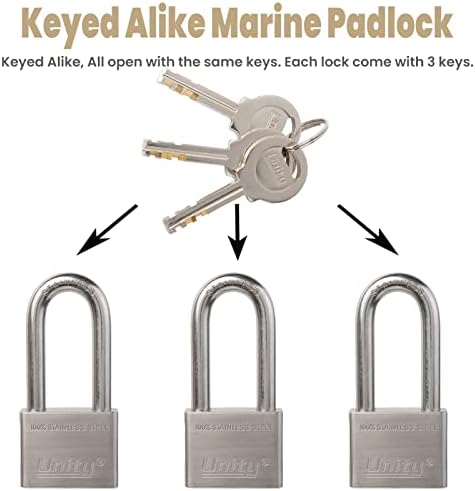 Unity Marine Padlock Keyed Alike 100% Stainless Steel Weatherproof for Sea, Boat, Port, Gate, Anti-Pick (2, 50mm Long Shackle)