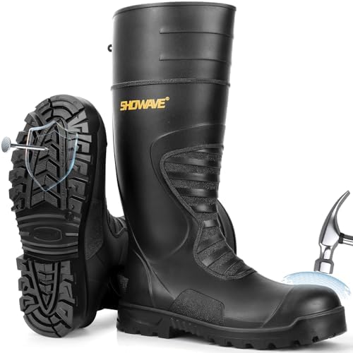 Showave Men's Rubber Boots Steel Toe Rain Boot Construction Waterproof Boot