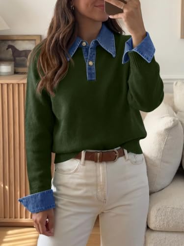 Saodimallsu Womens Denim Patchwork Sweaters V Neck Polo Pullover Tops