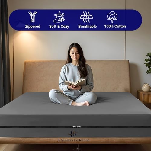 JS Sanders Zippered Mattress Protector Full Size – Soft 100% Egyptian Cotton, 600 Thread Count Deep Pocket Fitted Sheet Encasement Cover for Bed Breathable, 12-16 Inch Fit, Dark Grey 54x75