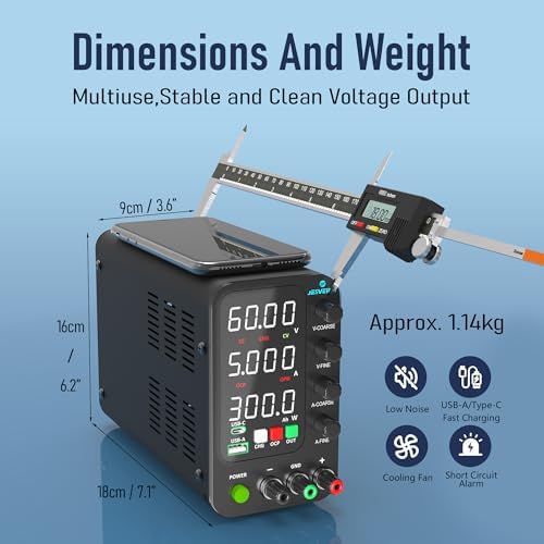 DC Power Supply Variable, 0-60V 0-5A Switching Bench Power Supply with Intelligent Charging Mode, 20W USB & Type-C Quick-Charge, Encoder Knob, Output Switch, 4-Digit LED Display - SPS-6005C
