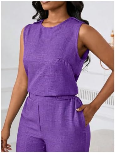 Floerns Women's 2 Piece Sets Dressy Outfits Bussiness casual Crew Neck Sleeveless Blouse and Elegant Pants Set