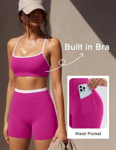 SUUKSESS Women 2 Piece Workout Sets Padded Halter Sports Bras High Waisted Biker Shorts with Pockets