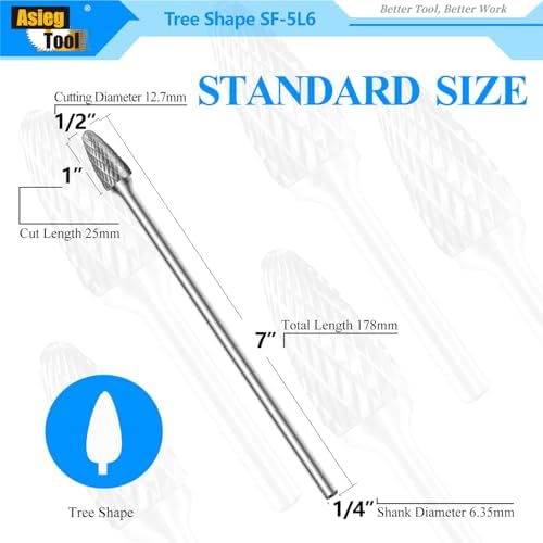 SF-5L6 Tungsten Carbide Burr Rotary File Tree Shape Radius End Shape Double Cut for Die Grinder Drill Bits 1/4'' Inch Diameter of Shank and 1/2'' Inch Diameter of Cutter 1'' Inch Cutter Length
