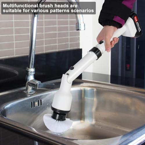 Talent Star Electric Spin Scrubber, 120W Shower Scrubber Cordless Cleaning Brush with 2 Batteries & 1 Charger, 4 Replacement Brush Heads, Telescopic Rod Electric Scrubber for Bathroom Tub Tile Floor