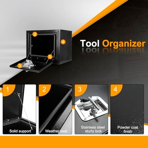 Underbody Truck Box Steel Storage Tool Box,18 x 12 x 14 Tool Chest Organizer w/Lock and Keys For Pickup,Truck Bed, RV, Trailer,Heavy Duty Waterproof Black box