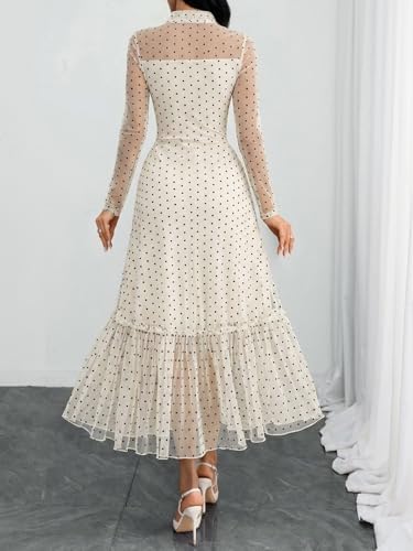 GothDark Polka dot Dress for Women Tie Neck Bow Ruffle Fall Vintage Dress