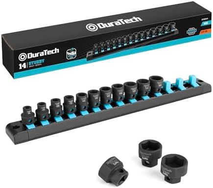 DURATECH 3/8" Drive Stubby Impact Socket Set, 14-Piece, 6-19mm | Low Profile Impact Sockets, Metric, Cr-Mo Steel, Magnetic Storage Rail