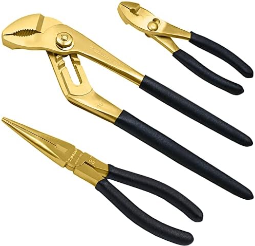 WEDO 3-Piece Brass Pliers Set, 6" Slip Joint, 8" Snipe Nose, 10" Groove Joint, Non-Slip Ergonomic Plastic Handle