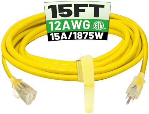POWGRN 15 FT 12/3 Outdoor Extension Cord Waterproof Heavy Duty Power Cord