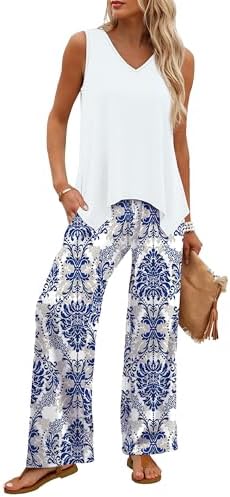 WIHOLL Two Piece Sets for Women Dressy Lounge Sets Summer Outfits Cruise Travel Beach Vacation Casual Wide Leg Pants Set