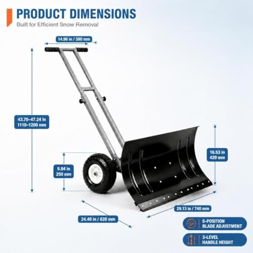 GarveeLife Wheeled Snow Shovel - 29in Steel Blade with 10in Wheels Charcoal