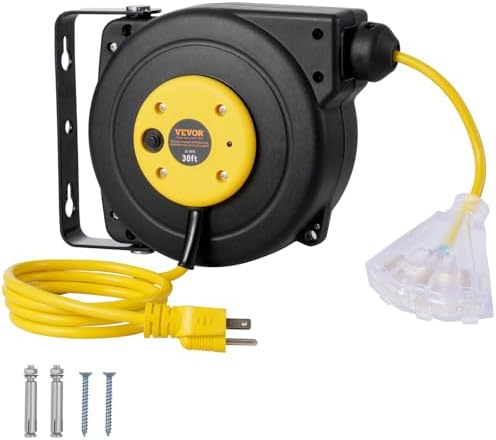 VEVOR Retractable Extension Cord Reel, 30 FT, Heavy Duty 16AWG/3C SJTOW Retractable Power Cord Reel with Lighted Triple Tap Outlet 10 Amp Circuit Breaker 4.5FT Lead-in Cord, for Ceiling or Wall Mount